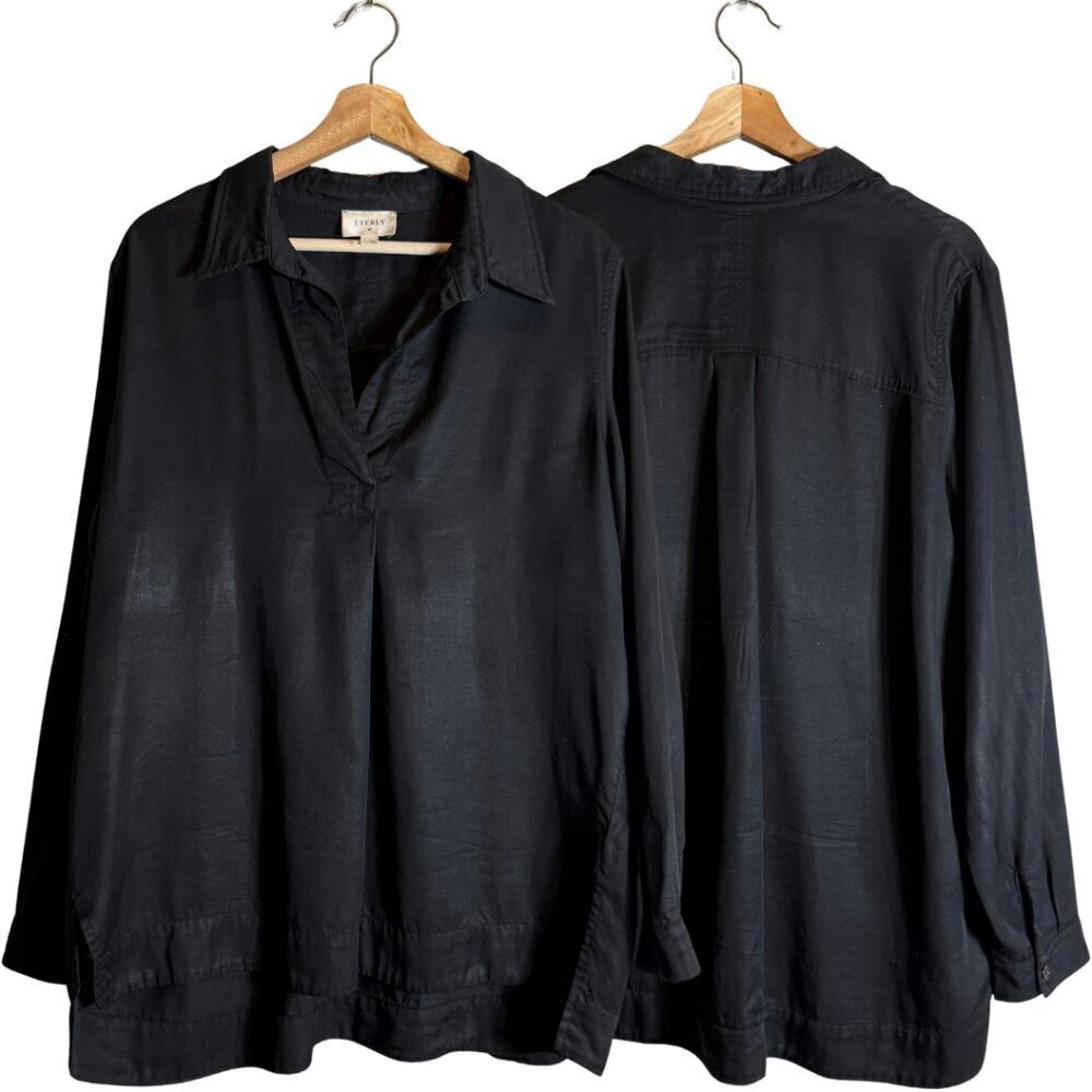 Everly Tencel Long Sleeve Collared Blouse Top Womens Large Black Minimalist Chic